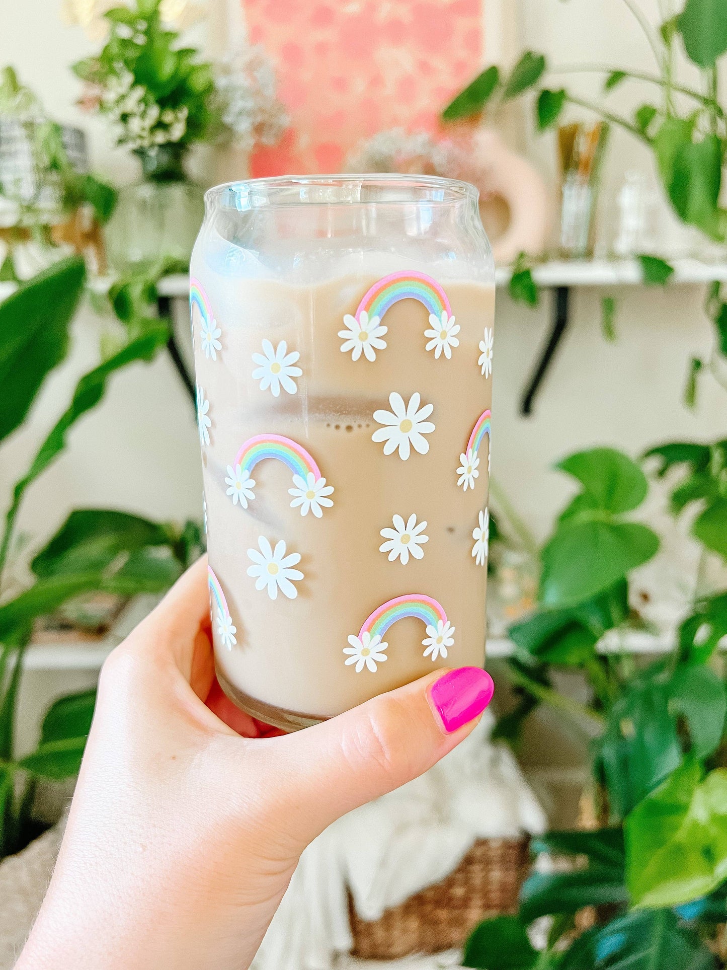 16oz Rainbow Daisy Iced Coffee Beer Can Glass