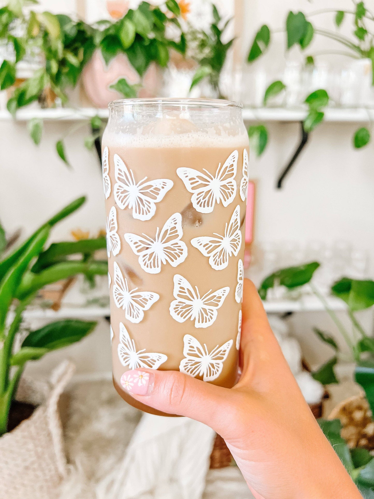 20oz White Butterflies Iced Coffee Beer Can Glass