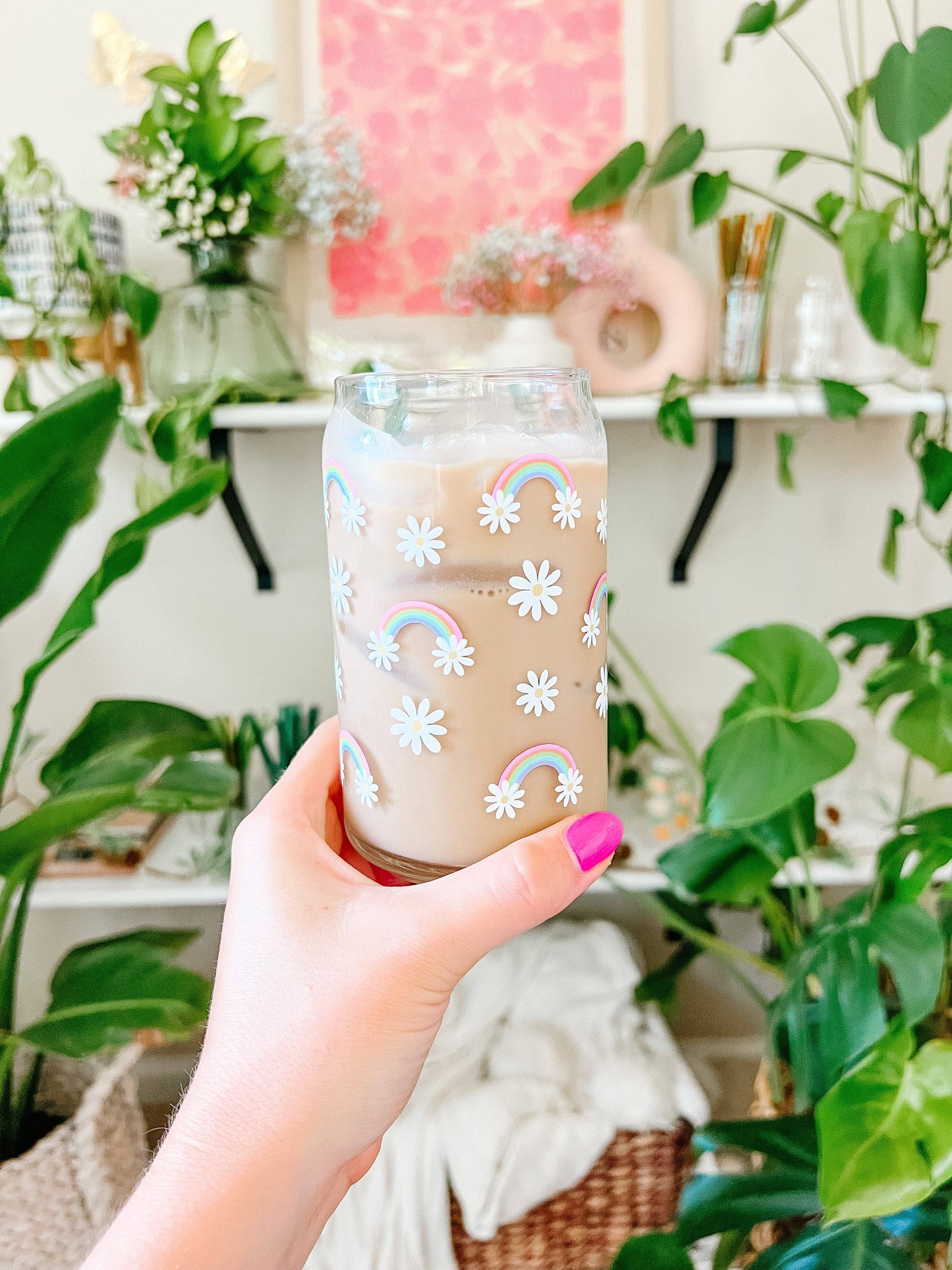 16oz Rainbow Daisy Iced Coffee Beer Can Glass