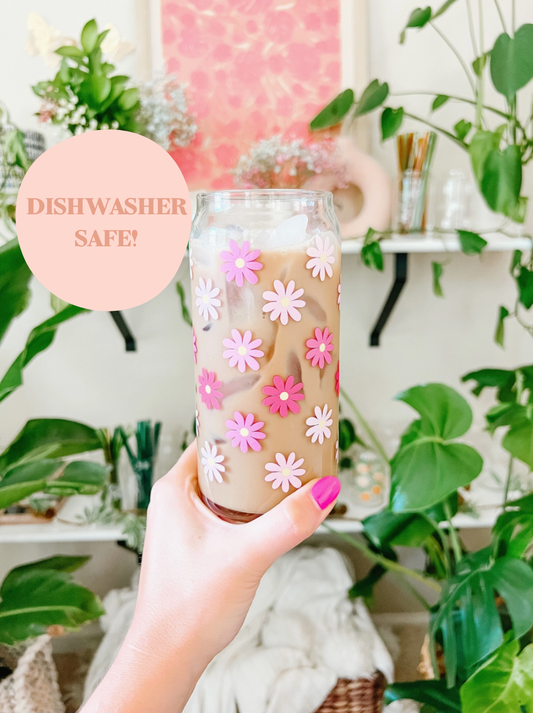 20oz Pink Daisy Iced Coffee Beer Can Glass