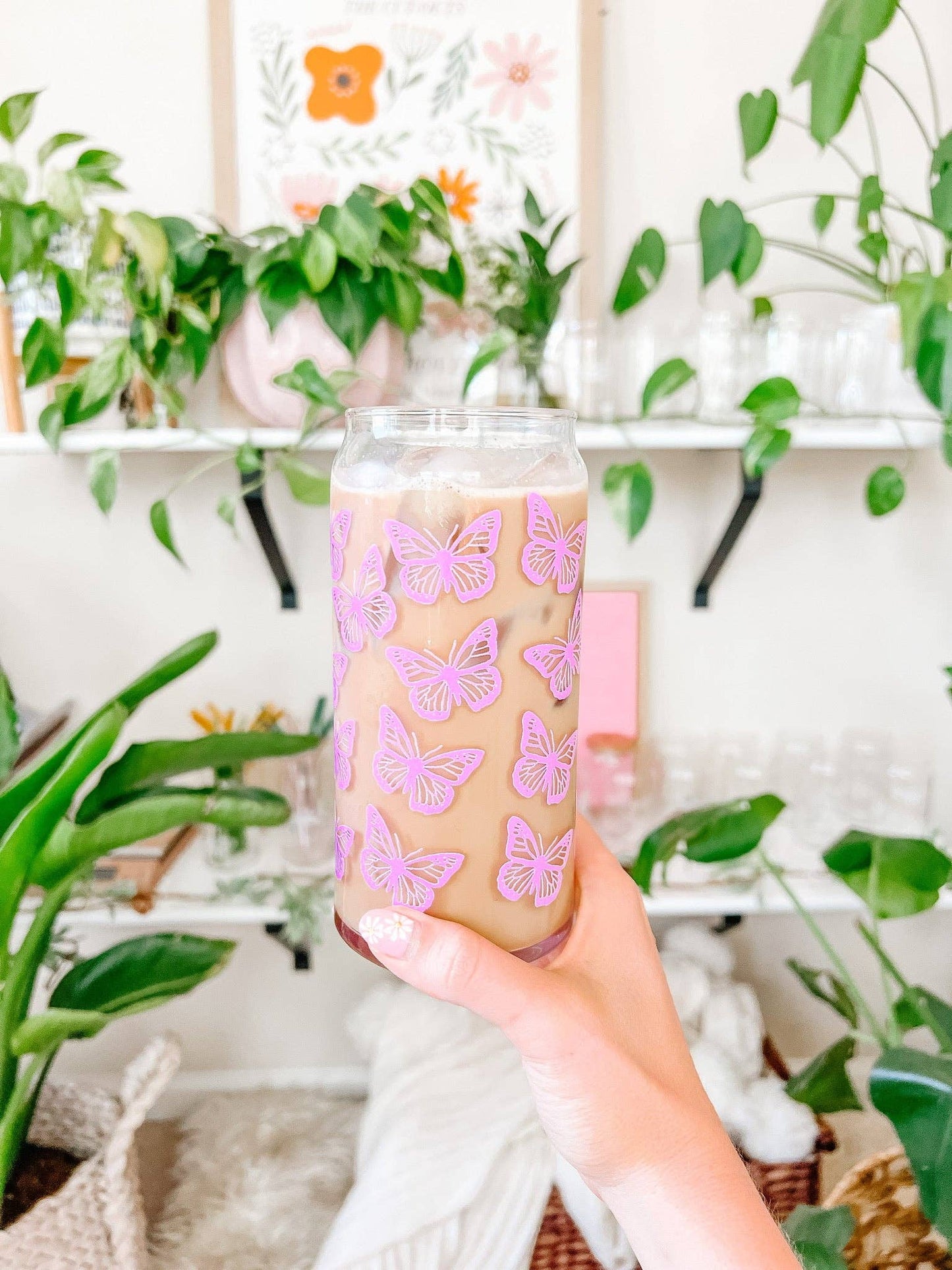 20oz Purple Butterflies Iced Coffee Beer Can Glass